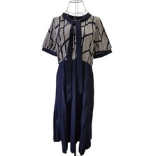 Pleated Midi Dress Womens Large Navy Blue Polka Dot Retro Modest Office Cocktail