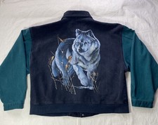 First Choice Mens Jean Jacket Wolf Pack Moon Graphic Blue Sz X-Large Vintage 90s