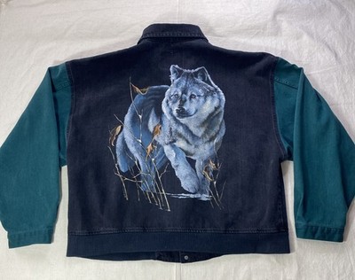 First Choice Mens Jean Jacket Wolf Pack Moon Graphic Blue Sz X-Large Vintage 90s