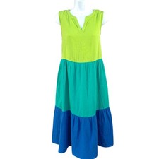 Appleseeds Petite Colorblock V Neck Sleeveless Midi Cotton Gauze Dress Sz Small