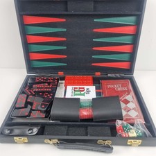 5 In 1 Game Set Backgammon Dominoes Etc In Black Leatherette Case Larger Version