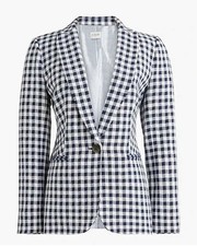 J.CREW Women  s Size 10 Navy Blue White Check Gingham Linen-Cotton Blazer NWT