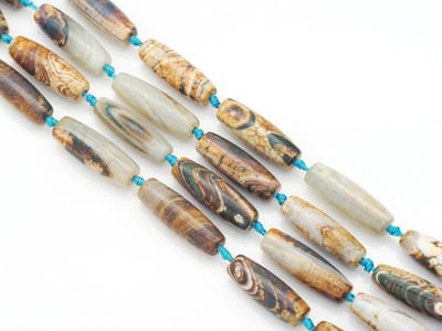Natural Blue Brown Tibetan Agate Barrel Smooth Agate, 14x40mm Focal Beads,