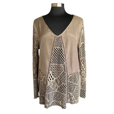 BKE Boutique Tan Taupe Satin Top Mesh Sleeves & Bodice Inset LARGE Grunge Punk