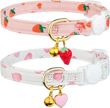 2 Pack Cotton Breakaway Cat Collar Pink Strawberries and White Heart Shaped Pend