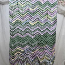 Handmade Crochet Chevron Ripple Blanket Green Purple Yellow 56x108 Afghan Throw