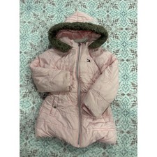 Tommy Hilfiger Girls Pink Puffer Jacket Faux Fur Hood Fleece Lined XS 5/6 RN1303