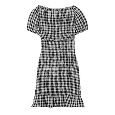 Doen Rizzo Linen Smocked Boat Neck Short Puff Sleeve Mini Dress Marilyn Gingham