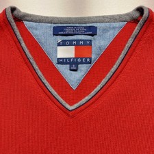 Tommy Hilfiger Men's V-Neck Sweater Vest Red w/Gray Blue Trim Sz Small VTG 90s