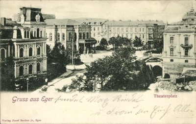Postcard Eger Erlau Hungary, Theaterplatz, greeting from, publisher Josef... - 4989817