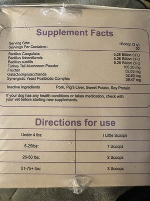 PuppyLabCo Turkey Tail+ Bacon Flavored Probiotics Powder for Dogs Wellness, 100g