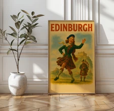 Vintage Edinburgh Scotland Travel Poster, Mid Century Style Wall Art