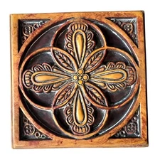 Handcrafted Decorative Ceramic Wall Plaque Relief Rustic Floral Design Art 4x4
