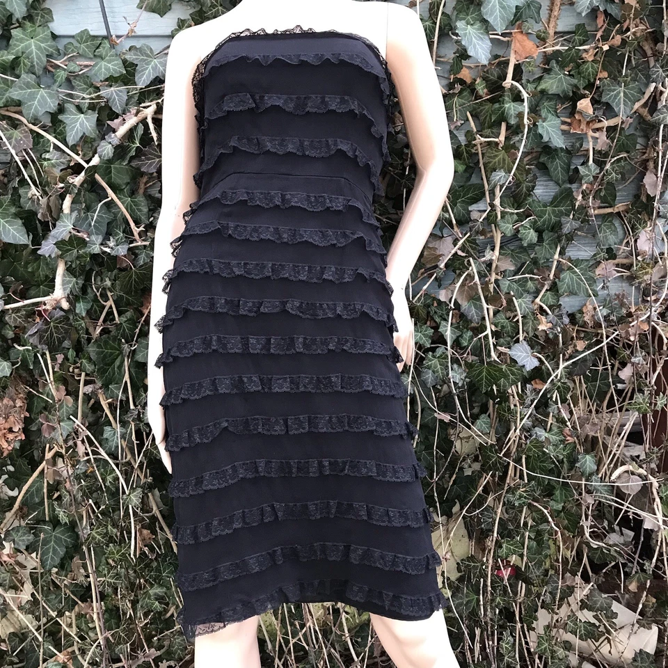 Vestido De Colección Betsey Johnson Y2K Años 90 Sin Tirantes Negro Seda Sin Mangas Encaje Transparente 2 XS Hoco Foto 3 de 4