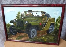  Vintage Oil Painting Portrait Soldiers car Soviet Socialist realism army 