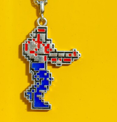 Retro 8 Bit NES S925 Silver Contra Bill Rizer Pendant Necklace with Enamel Color