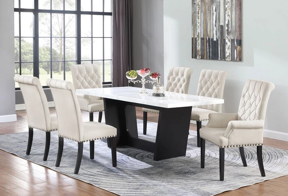 7 PC WHITE MARBLE DINING TABLE BEIGE LINEN LIKE CHAIRS DINING ROOM FURNITURE SET