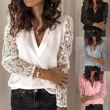 Long Sleeve Tops Holiday T Shirt Lace Blouse OL Fitted Womens V Neck Tee