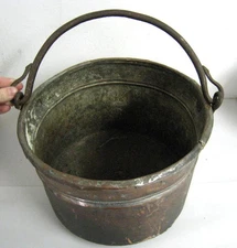 Large Vintage Rustic Cauldron Pot Kettle w Handle Steel Tin 10.5" diam x 7.5" #2