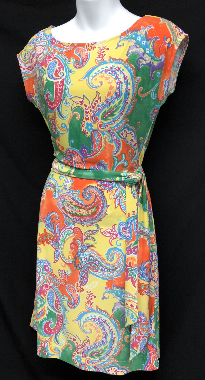 LRL Ralph Lauren Petites Sz PS Belted Jersey Knit Bright Paisley Womens Dress