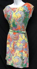 LRL Ralph Lauren Petites Sz PS Belted Jersey Knit Bright Paisley Womens Dress