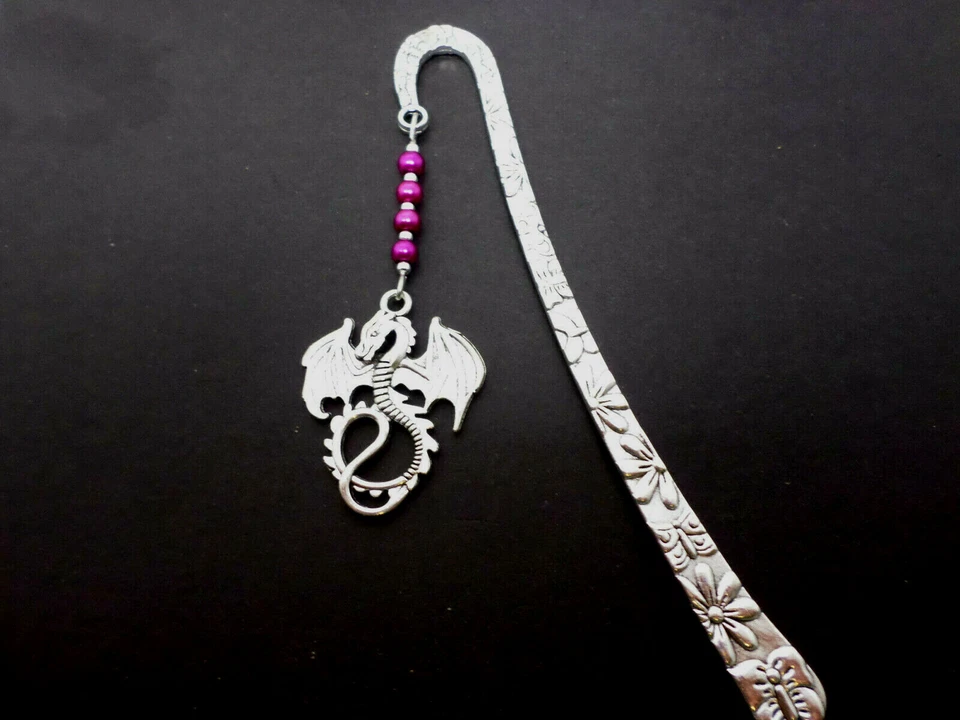 A TIBETAN SILVER DRAGON CHARM & PURPLE BEADS BOOKMARK. NEW.