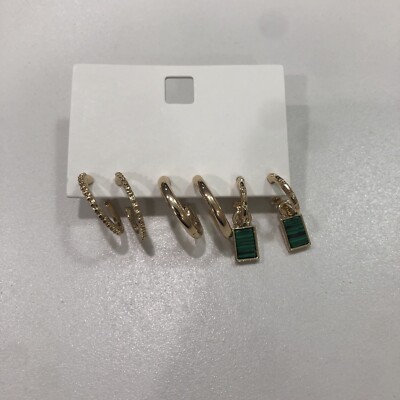 Beeline Fashion Jewelry Gold 3-Pair Green Stone Hoop Earring Set