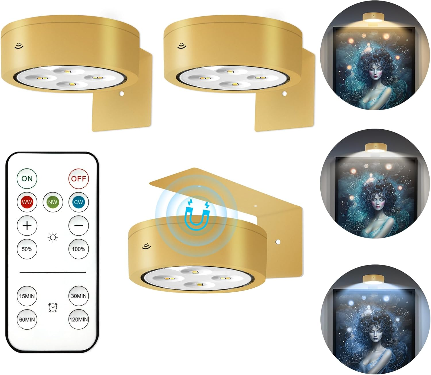 3Pcs Battery Operated Picture Light, Magnetic Led Painting Light with Remote Dim
