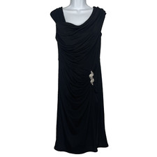 Vintage 90s Y2K Tadashi Cocktail Dress Size XL Black Draped Rhinestone Brooch