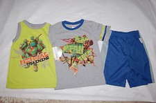 Boys 3 PC NINJA TURTLES OUTFIT SET T-Shirt MUSCLE T Shorts GREEN BLUE GRAY Sz 7