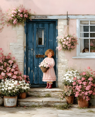 8x10 Little Girl at Blue Door Art Print - 796349917