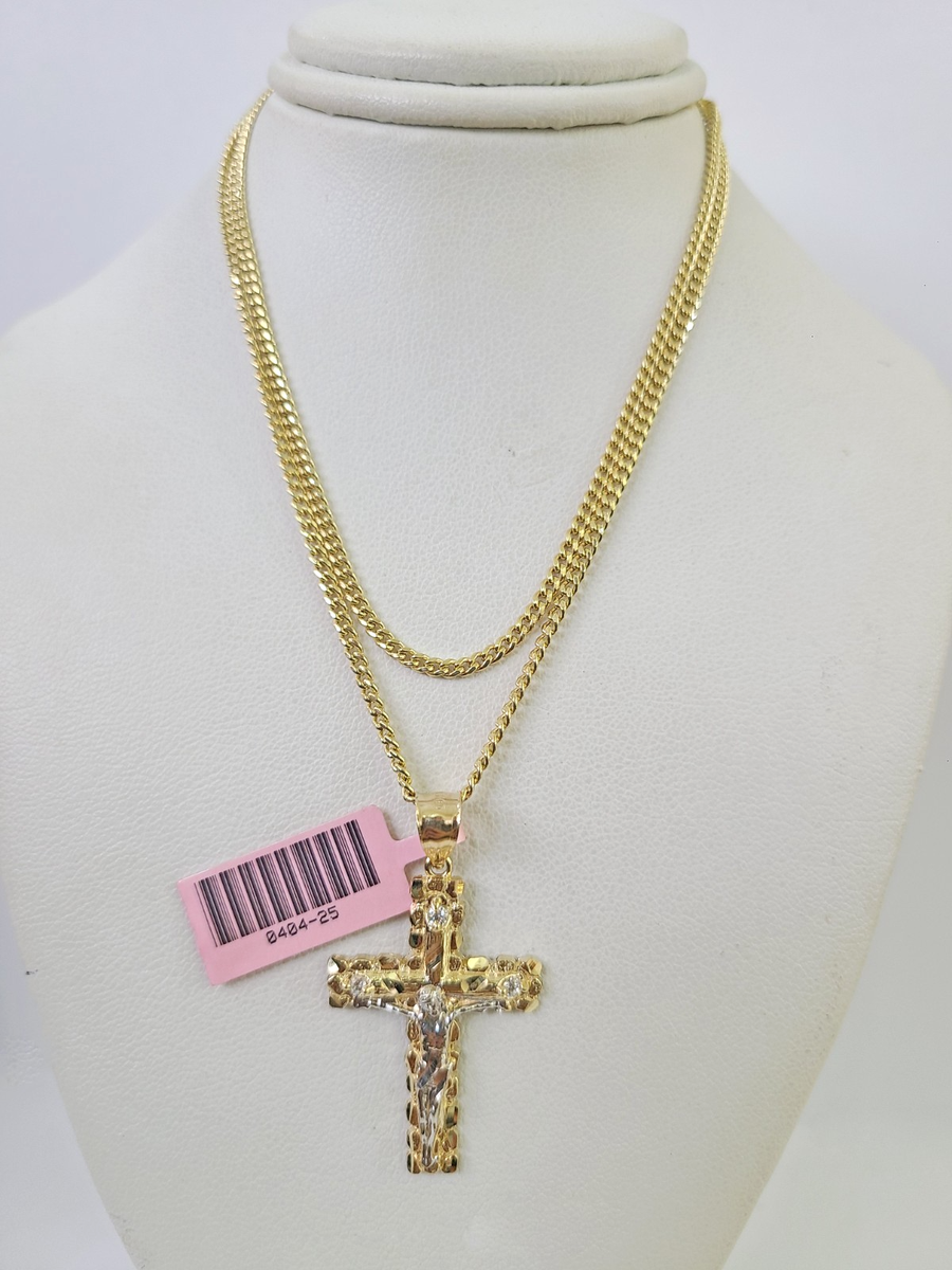 14k Miami Cuban Chain Nugget Cross Charm Pendant 2mm 18