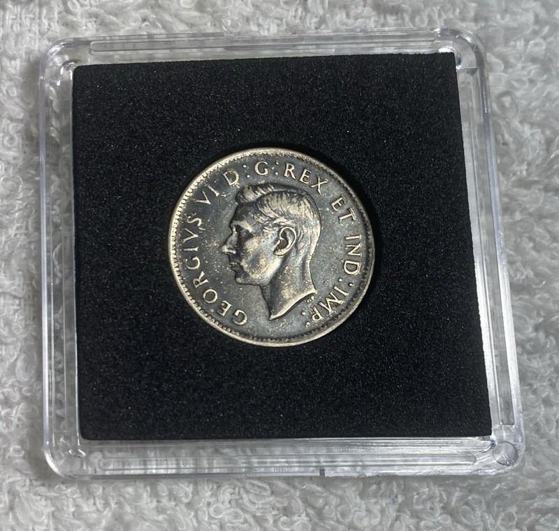 1944 WWII Silver Canadian Quarter Beautifully Toned, Almost UNC, Square Capsule 