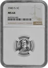 1943 S 1c Lincoln Steel Wheat Cent NGC Graded MS 64 Semi Proof Like White Coin