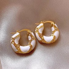 Enamel Hoop Earrings Gold Tone Small Metal Texture Statement Creative Jewelry