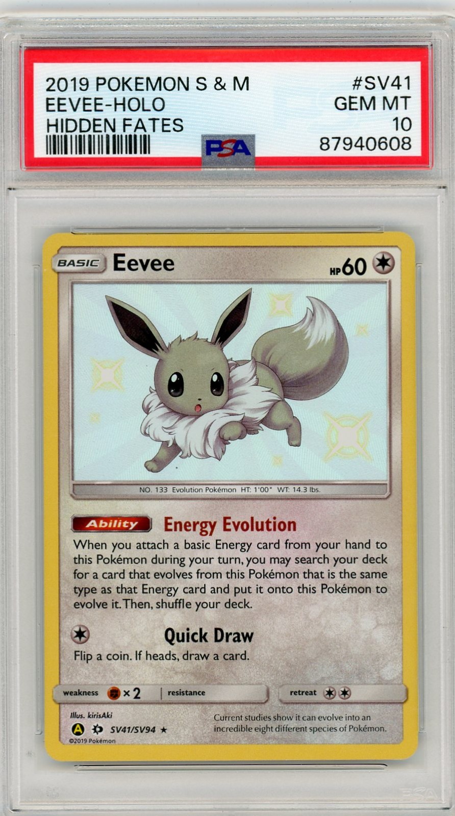 2019 Pokemon Sun & Moon Hidden Fates #SV41 Eevee Holo PSA 10