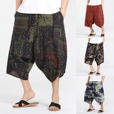 Men Chinese Retro Style Harem Pants Summer Cotton Linen Wide Legs Capri Pants