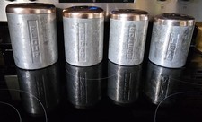 Vintage Canister Set Of 4 Aluminum, Copper  Bakelite, Flour, Sugar, Coffee Tea