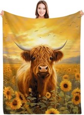Highland Cow and Sunflowers Blanket, Beautiful Highland Cows Print Blanket