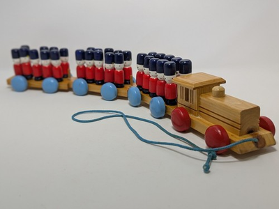 #ad VINTAGE 1986 My Kids Pull A Long Wood Toy Train Set with 29 Soldiers O61 $24.16
