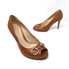 Gucci Horsebit Platform Leather Peep Toe Brown High Heels Pumps 257886 39 US 9