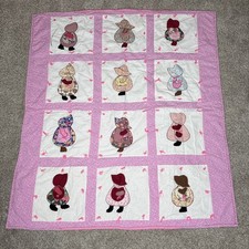 Vtg Handmade Sunbonnet Sue Appliqu Baby Quilt Pink Patchwork 12 Block 44x39