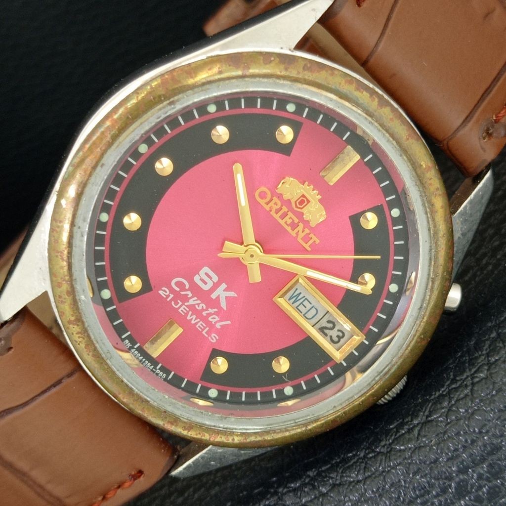 JAPAN VINTAGE ORIENT SK CRYSTAL AUTOMATIC 46941 MENS RED DIAL