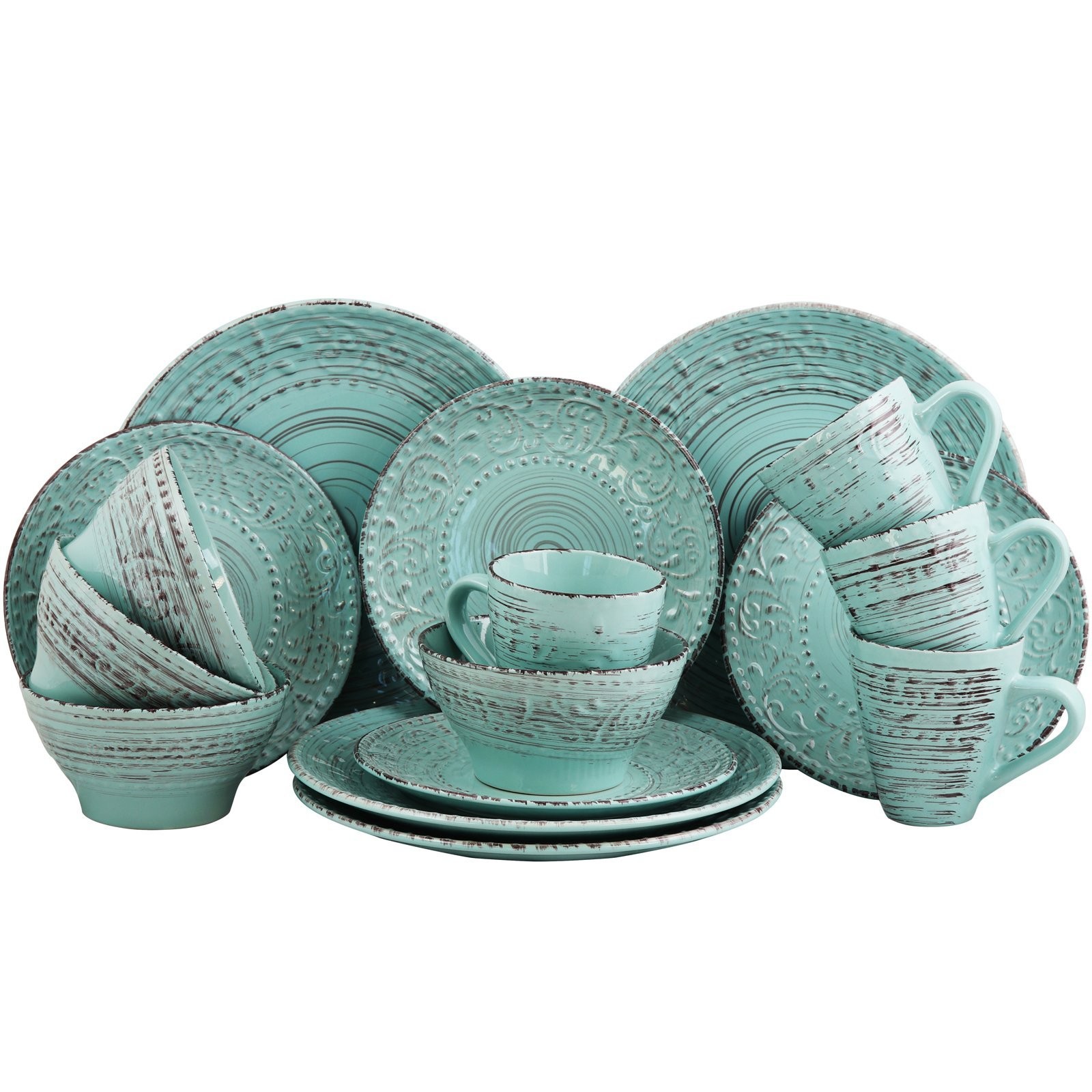 Embossed Stoneware Ocean Dinnerware Dish Set, 16 Piece, Turquoise