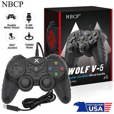 NBCP 1pc Black Translucent Dual Vibration USB Wired Game Controller for PS3 PC TV Box