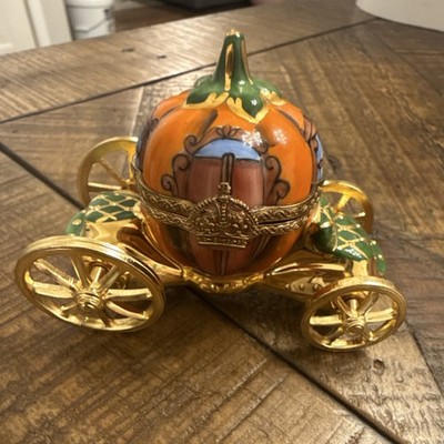 Limoges France Sinclair Hand Painted Pumpkin Carriage Trinket Box Gold Accents