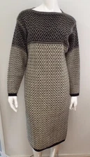 Vintage 1980s KENZO Wool Knit Zig Zag Sweater Dress Medium Black White Chevron