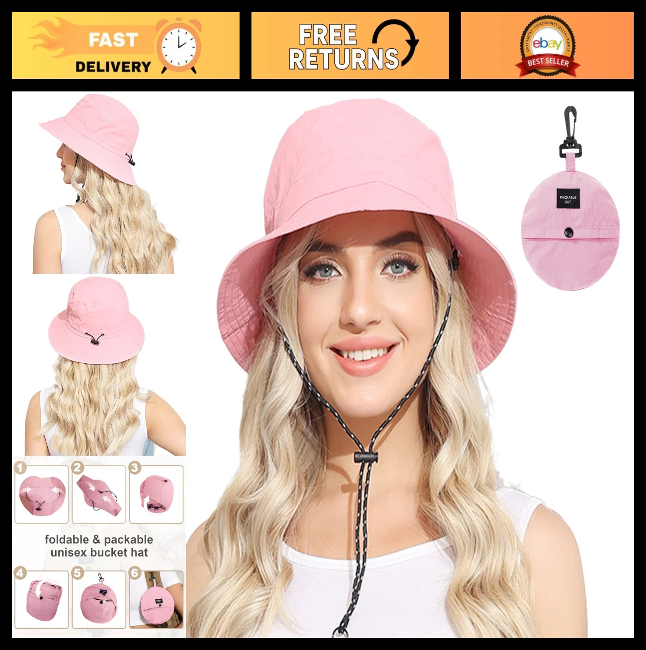 Packable Waterproof Bucket Hat for Women & Men, UV Protection Sun Hat