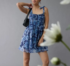 American Eagle Corset Mini Dress Small Blue Floral Tie Strap Smocked Back