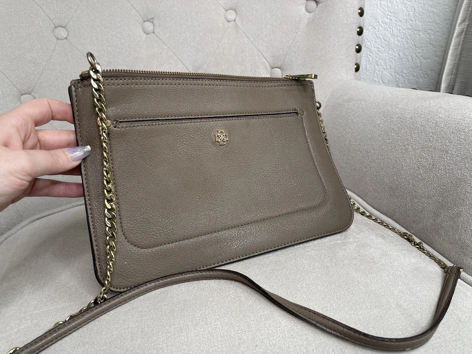 Ann Taylor Taupe Leather & Chain Crossbody Purse HandBag Gold Brown - Image 2 of 4